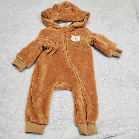 Tahari Baby Tan Plush‎ Fuzzy Zip One Piece Bear Hoodie Unisex Girl Boy 6 9 month - Picture 2 of 6